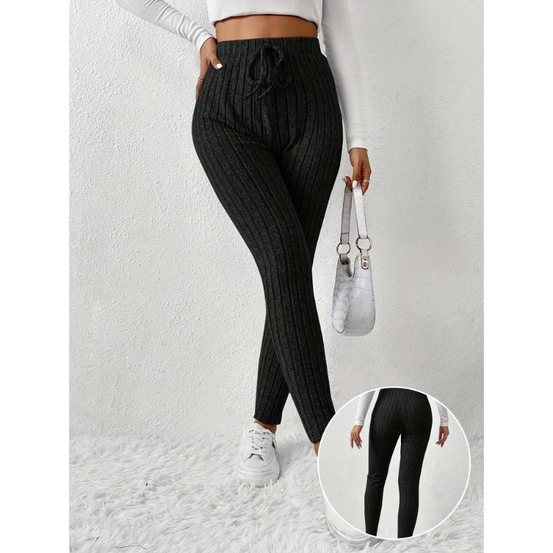 Product Introduction of Women's High-Waist Ribbed Knit Leggings - Slimming, Stretchy Solid Color with Decorative Drawstring, Cozy & Chic for Fall/Winter, Machine Washable 0