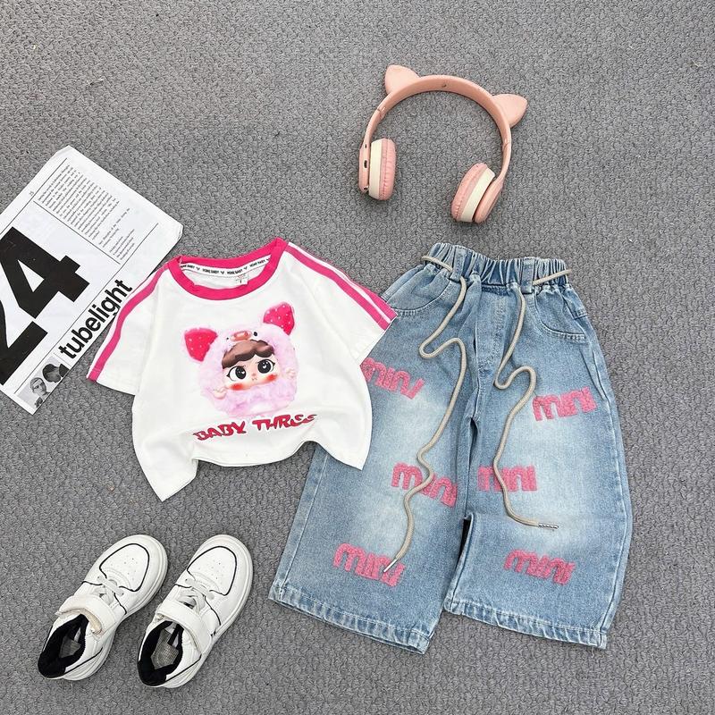 Ong Kis Sét áo phông viền tay sọc hồng in thỏ kèm quần jane xuông mền ép chữ m.i.n.i cho bé 10-27kg