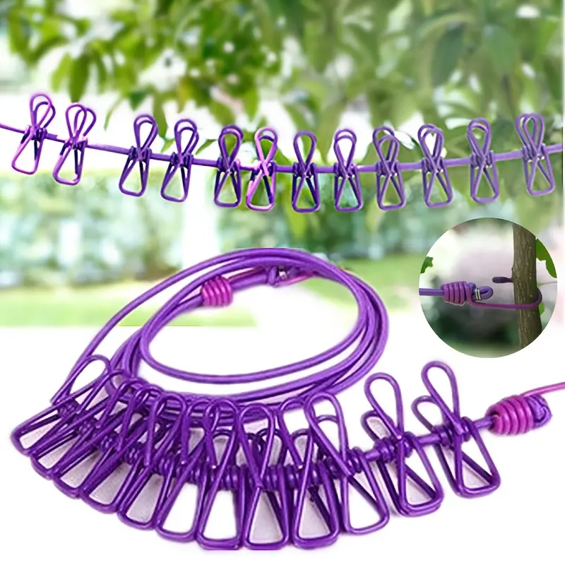 1Pc Retractable Portable Travel Clothesline, Clothing Line with 12 One Clothespin, Indoor Clothing Drying Line, Outdoor Camping Accessories Laundry Purple clothespins 0