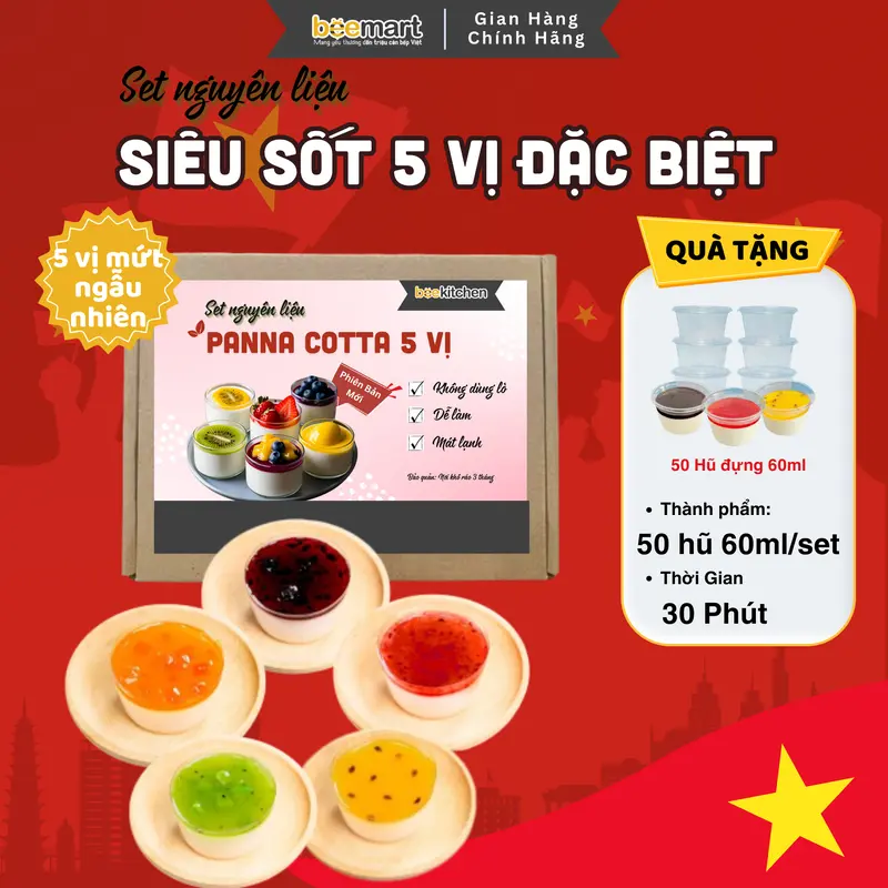 [Combo Panna 5 VỊ] Set nguyên liệu Panna Cotta siêu sốt 5 vị tặng kèm 50 hũ - thành phẩm 50-60 hũ 60ml mát lạnh, thơm ngon 5