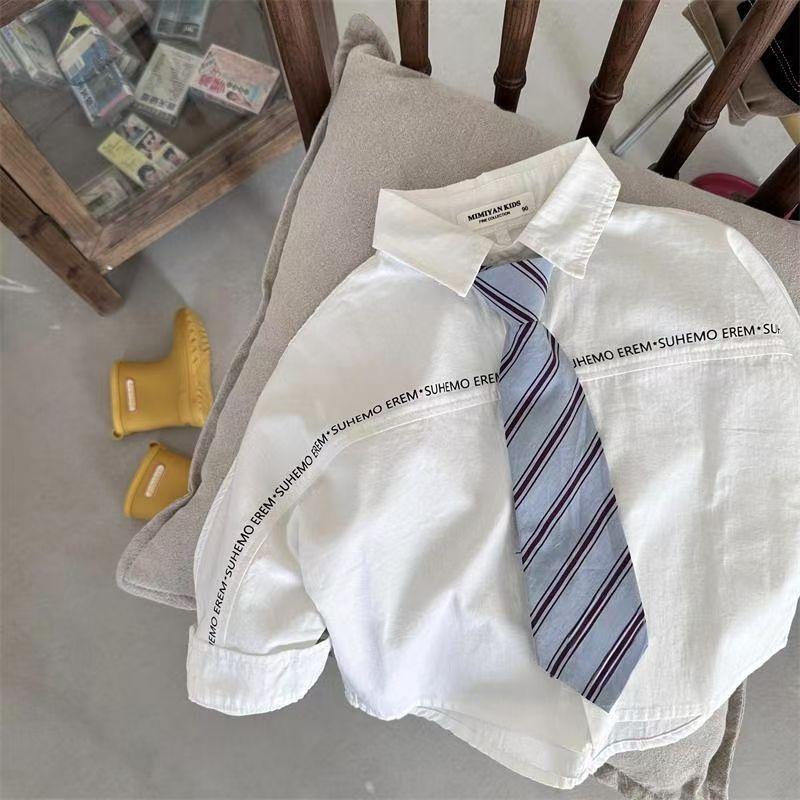 Product Introduction of Áo sơ mi trẻ em mùa xuân 2024 mới cho bé trai và bé gái, họa tiết chữ cái buộc dây, tay dài, phong cách preppy, bộ quần áo áo trắng đơn giản Sợi Tre 2