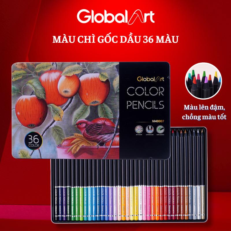 (TẶNG CHÌ BẤM) BỘ 36 72 MÀU CHÌ GỐC DẦU GLOBAL ART HỘP THIẾC, LÕI CHÌ 4mm. VẼ TRANH, PHÁC HỌA, TÔ MÀU