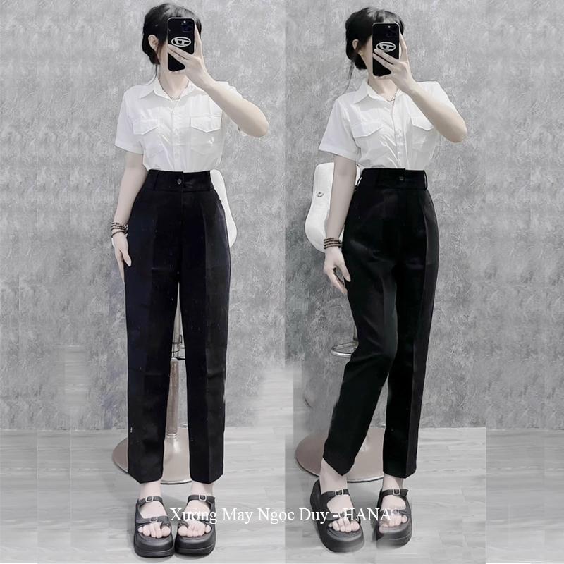 Hot Size 35kg~58kg Quần tây đi học 1 nút nữ cấp 3 2 lưng cao ống đứng màu Đen Xanh Đen - Quần baggy học sinh đi học nữ m50 m55 m60 m65 vải mềm