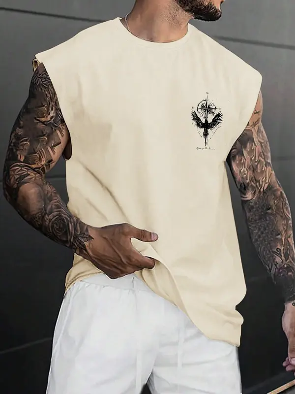 Men's Eagle Print Tank Top, Regular Fit Casual Letter Graphic Sleeveless Vest for Summer, Men's Top for Outdoor Climbing, Fitness Wear, Tropical 7