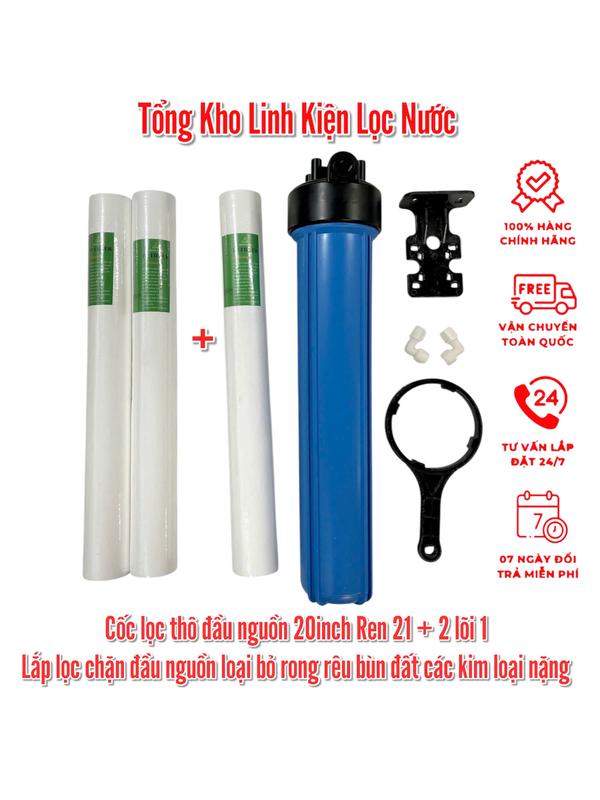  Cốc Lọc Thô Đầu 20inch Ren 21 + 2 Lõi 1. Lắp Lọc Cho Vị Trí Đầu Nước Của Máy Lọc Nước RO - Lọc Nước Sinh Hoạt Đầu Nguồn Kèm Cút Nối Ren 21 ra ống 10 Bát Treo Cốc 