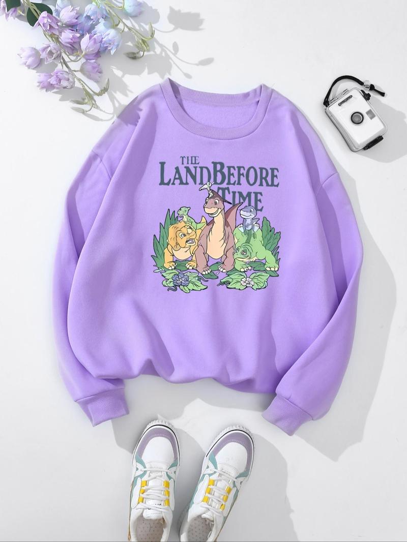 Product Introduction of Women's Cartoon Dinosaur Print Round Neck Sweatshirt, Fashion Casual Crew Neck Long Sleeve Pullover for Daily Wear, Ladies Fall & Winter Clothes 9