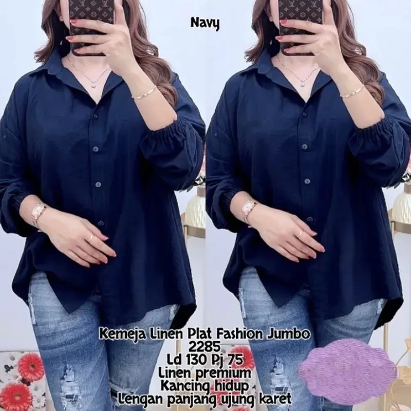 CLASSY OVERSIZE BLOUSE POLOLINEN ATASAN WANITA JUMBO Baju Panjang Tangan Karet 4