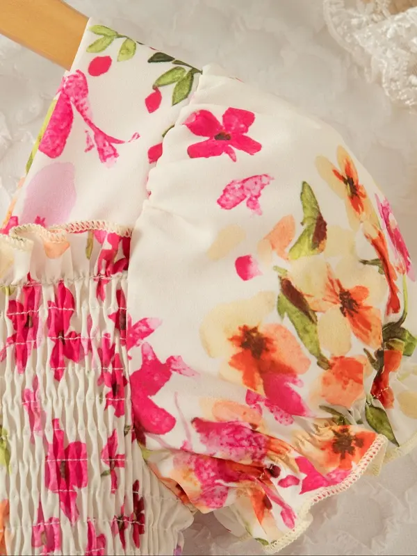 Girl's Floral Print Flounce Sleeve Dress, Casual Short Sleeve A Line Dress for Summer, Kids Clothes for Daily Wear 7