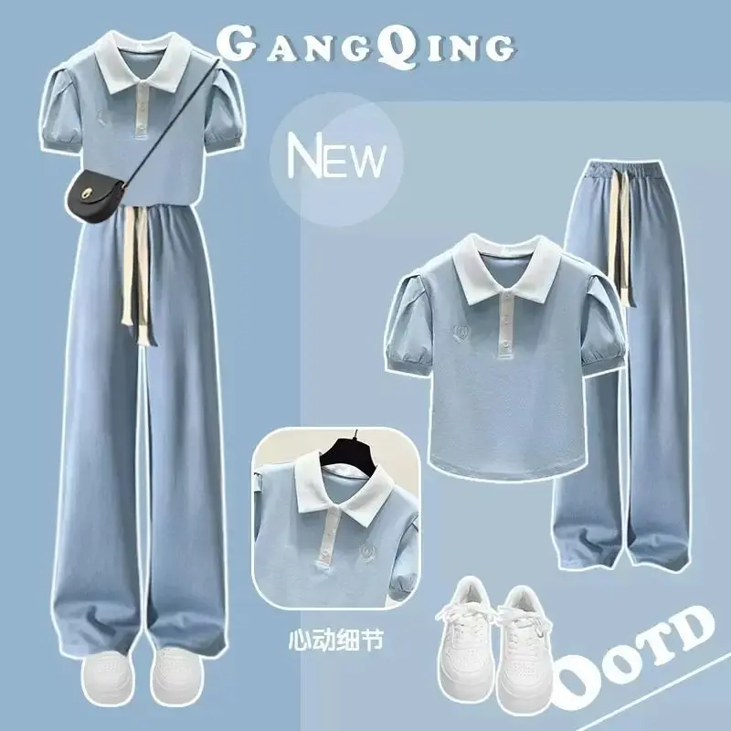 Bộ Đồ Mùa Hè Cho Bé Gái, Phong Cách Preppy, Trang Phục Thể Thao Thường Ngày Cho Trẻ Em Trung Bình Và Lớn, Áo Phông Cổ Polo, Bộ Quần Ống Rộng