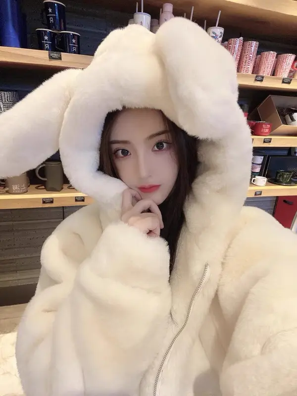 [Xả Hàng] Áo khoác Nữ  lông tai thỏ dài hàng QC Shop Ngắm Top Jacket Women Trắng Women Trắng 2