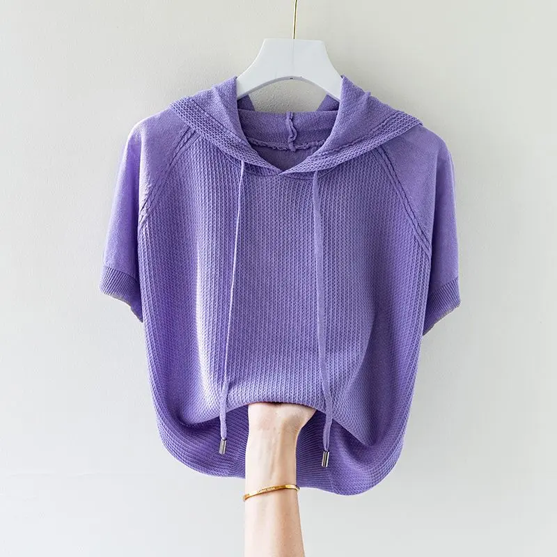 Áo Len Có Mũ Trùm Đầu Mùa Hè, ngắn Tay, Chất Liệu Lụa Lạnh, Dành Cho Nữ, Ngoại Cỡ, Áo Hoodie Mỏng, Áo Len Mặc Bên Ngoài Hợp Xu hướng, 100,00kg, Áo Phông