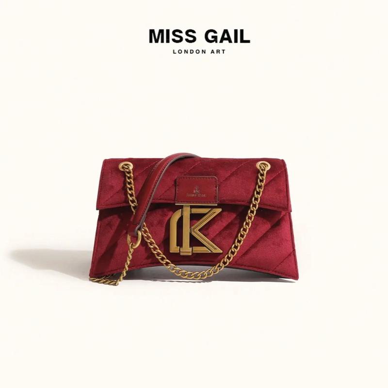MG6823-1. Túi xách nữ thương hiệu HongKong Miss Gail thiết kế phủ nhung, mẫu thu đông 2024 dáng đồng hồ cát tôn khí chất, thời thượng. Màu đỏ Bag Tote