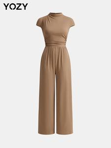 YOZY Women's Solid Ribbed Mock Neck Jumpsuit, Casual Comfy Cap Sleeve Jumpsuit for Daily Wear, Ladies Clothes for All Seasons