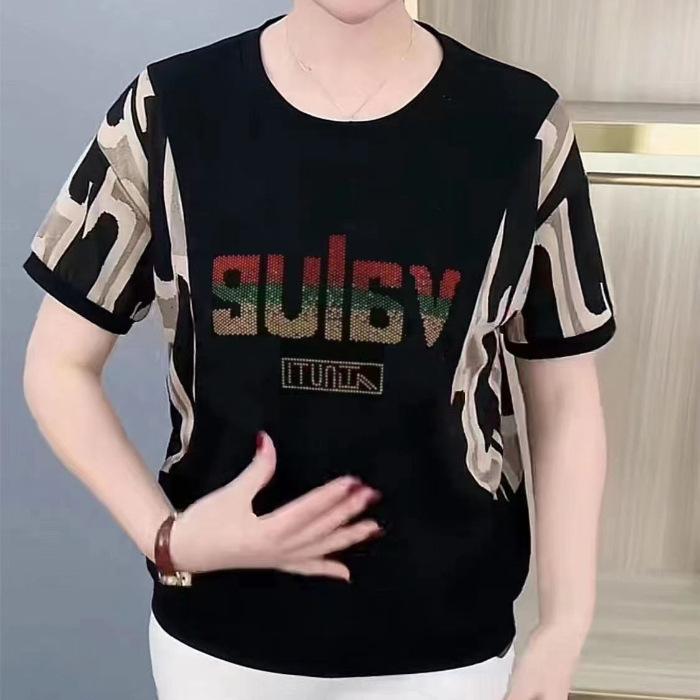 Áo Phông Ngắn Tay Cho Mẹ TRUNG NIÊN, Xuyên Biên Giới, Hàng Mới Về Mùa Hè Của Phụ Nữ, Ngoại Cỡ, Dáng Rộng Vừa Vặn, Thời Trang Và Phong Cách, Áo In Hình đính đá 6
