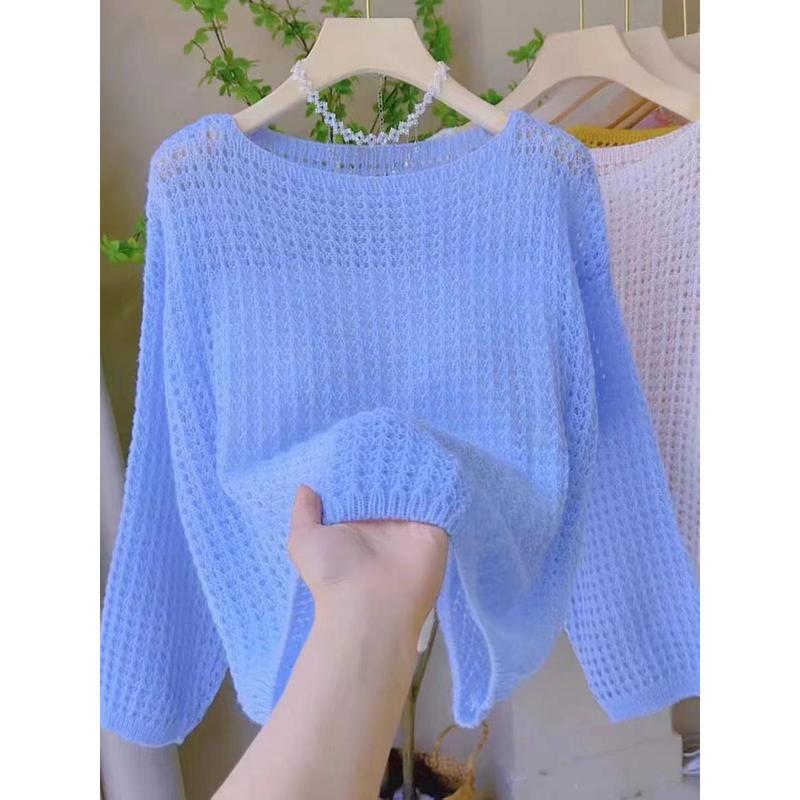 Áo Cánh Dệt Kim Phong Cách Thường Ngày Mỏng Và Rỗng Dành Cho Phụ Nữ Mùa Xuân Và Mùa Hè Phong Cách Hàn Quốc Mới Dáng Rộng Vừa Vặn Phong Cách Phương Tây Xuyên Thấu Tay Áo Dài Áo Chống Nắng