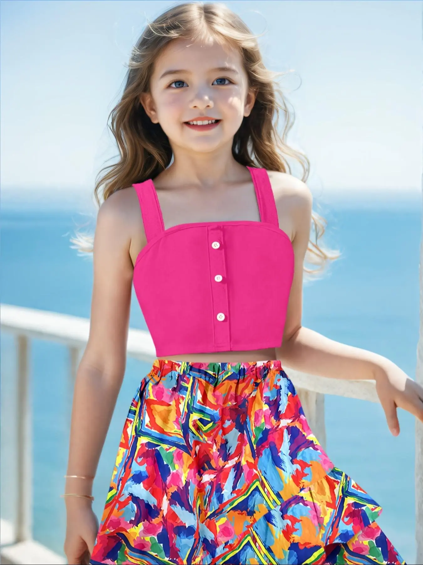 Girl's  Solid Color Crop Tank Top & Skirt Two-piece Set, Casual Sleeveless Top & Skirt for Summer, Kids Clothes for Daily Wear