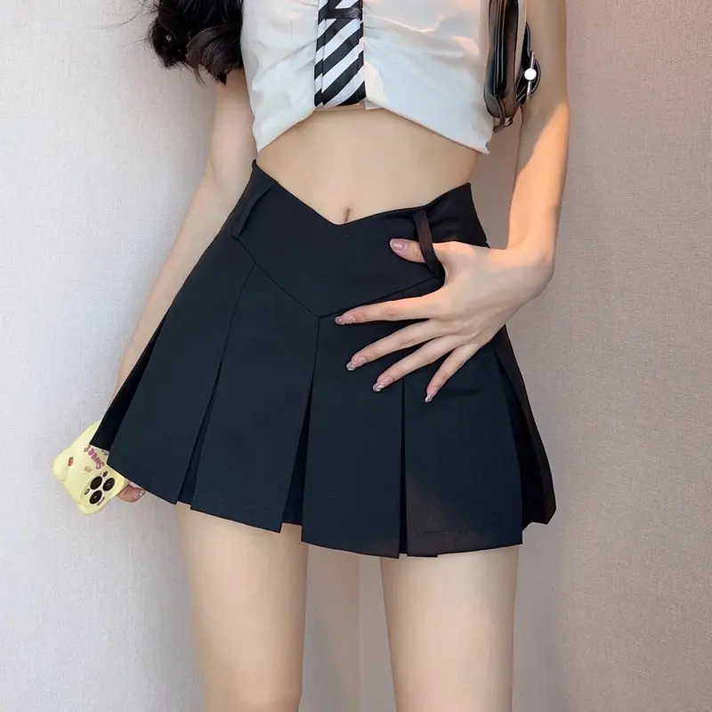 Chân Váy Xếp Ly Dáng Ngắn Lưng Chéo Chữ V Chất Vải Tuyết Mưa Phong cách Tiểu Thư