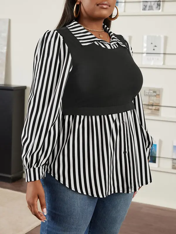 CURVZY Plus Size 2 in 1 Striped Print Bishop Sleeve Blouse, Casual Long Sleeve Collared Top for Spring & Fall, Women's Clothes for Daily Wear, Valentine's Day Gift for Girl, Fall Clothes, Winter Clothes 2