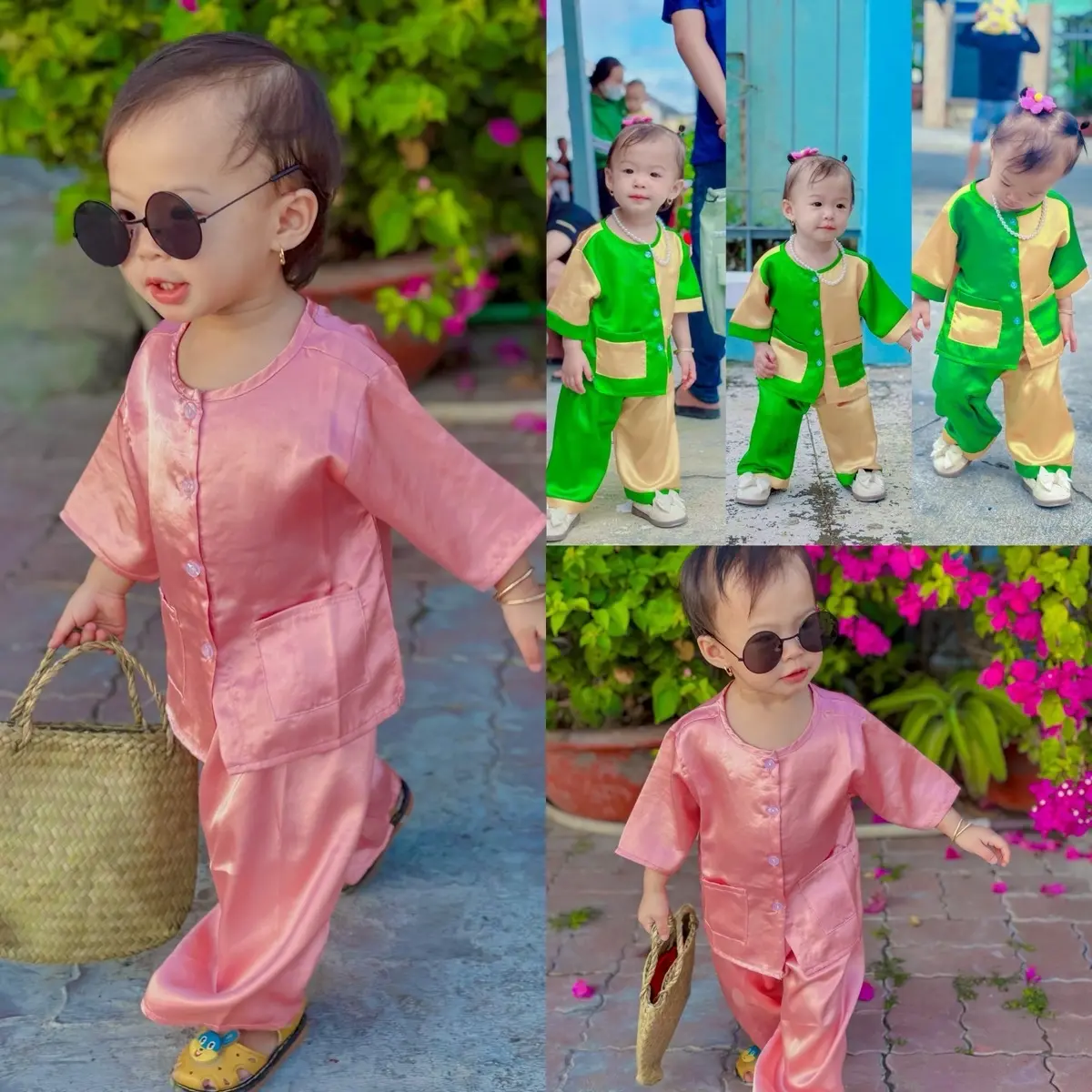 (8-13kg)Bà ba nông dân áo cọc tay có túi , quần dài chất vải phi lụa cho bé trai và bé gái  dưới 3 tuổi