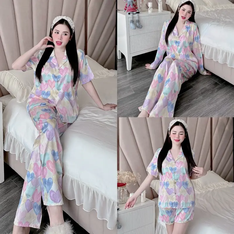 Bộ đồ Pijama Tim sắc màu in ful lụa gấm xước cho Nữ dễ thương DCD605 Sammy 0