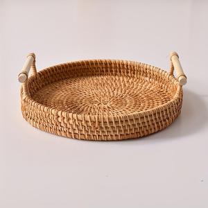 Bandeja Redonda de Almacenamiento de Mimbre, 1/3 Piezas Estilo Boho con Asa, Charola para Té, Plato para Frutas, Canasta para Pan y Bocadillos, Organizador para el Hogar para Cocina Comedor