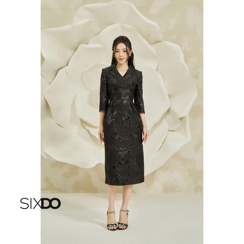  Đầm gấm đen tay lỡ cổ vest SIXDO  Black Midi Brocade Dress  