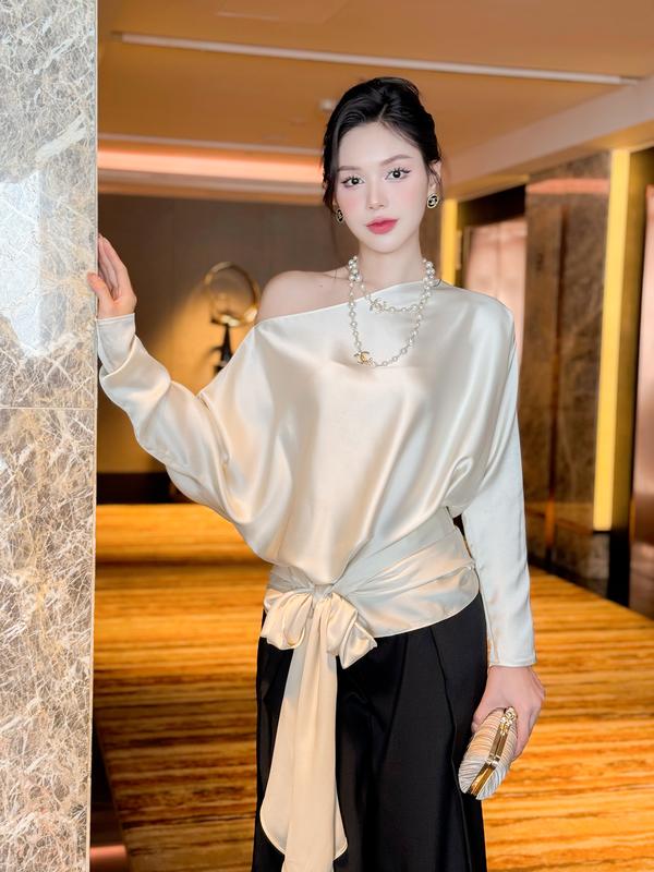 Áo lụa lệch vai buộc nơ eo Phillippa Silk Top Eclipse Clothing sang trọng