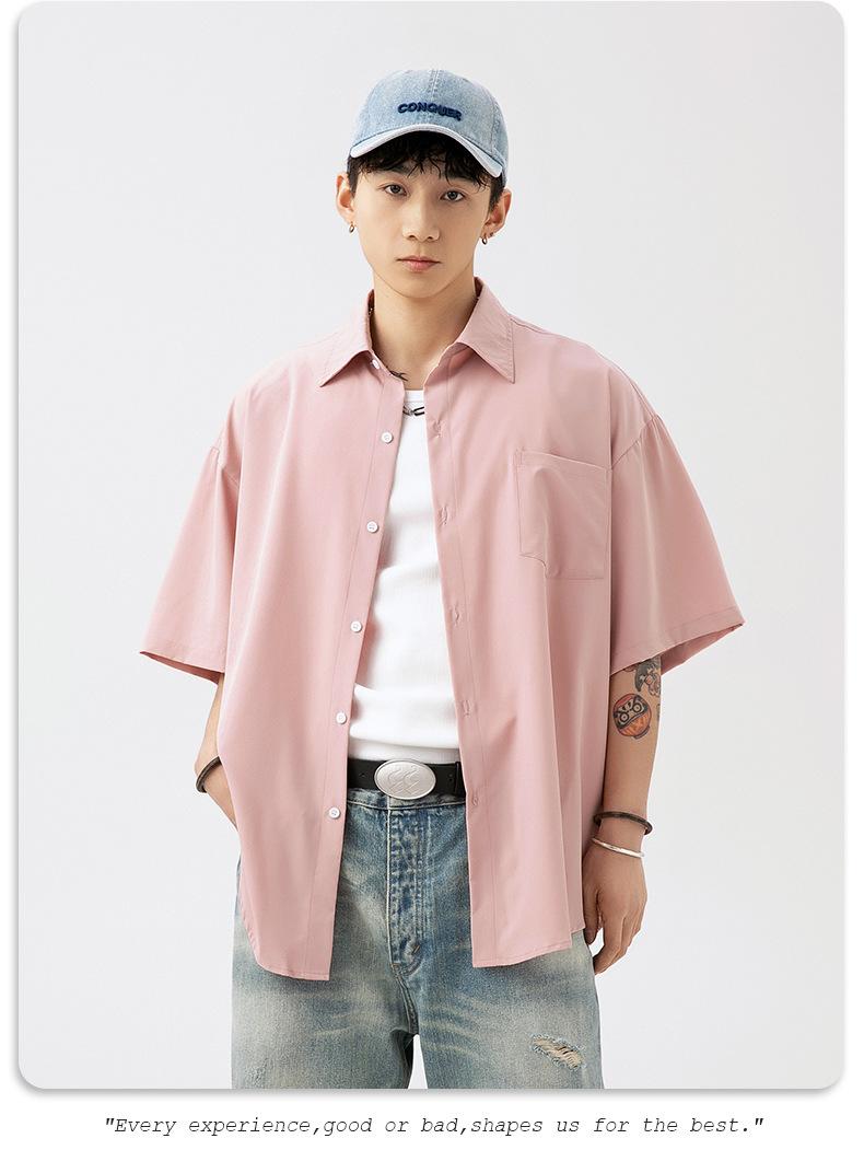 Product Introduction of Korean Men's Smooth Draping Short-Sleeved Shirt Men's Summer New Pure Color Couple Casual Loose Shirt Jacket Menswear Top Lingerie Human Oversize Plain Beige Baggy Vintage Tights Collar Collared Tropical 24