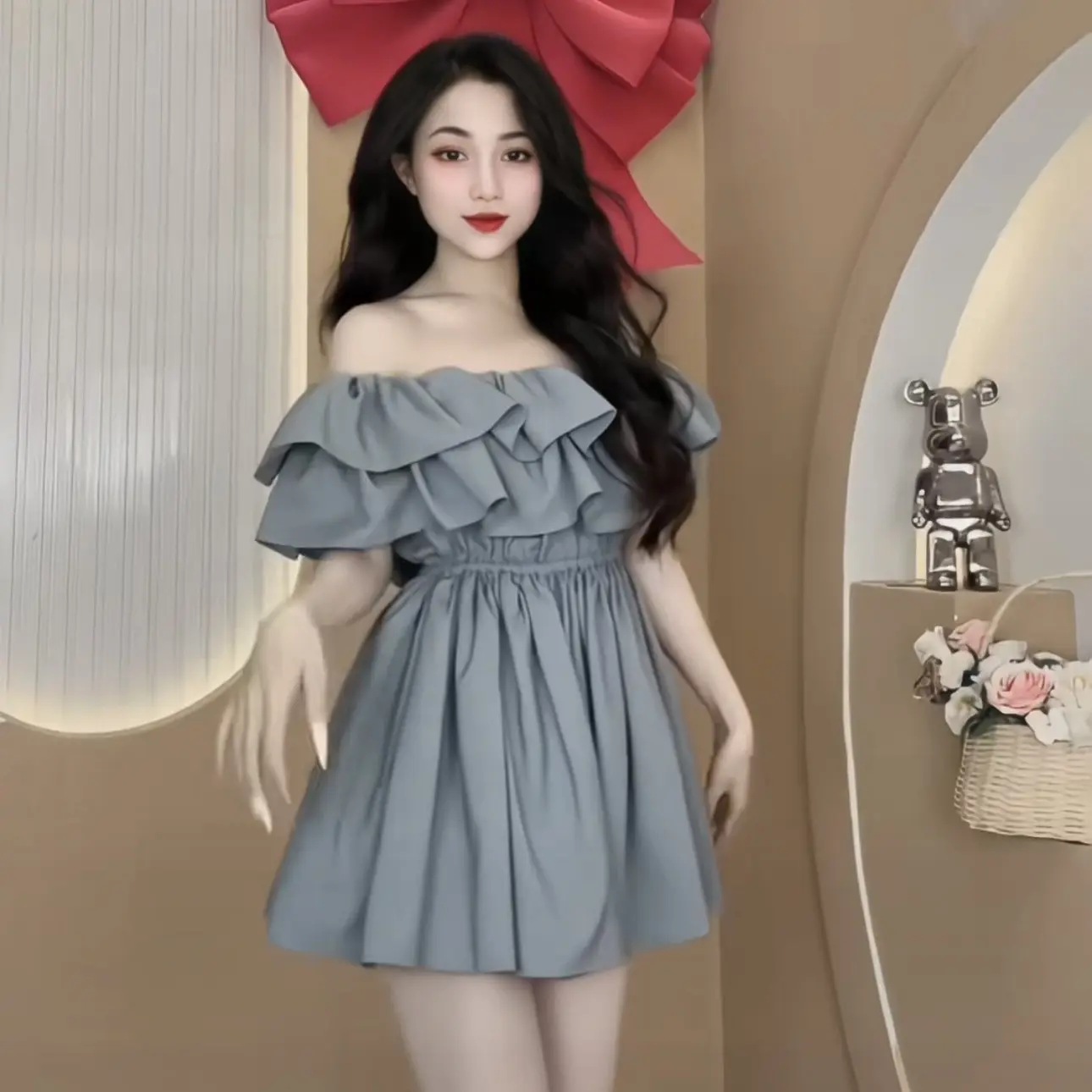 Jumpsuits trễ vai phối bèo tầng trễ vai Baby đi chơi kèm quần - Có Bigsize - Nữ - Kem Women Dress