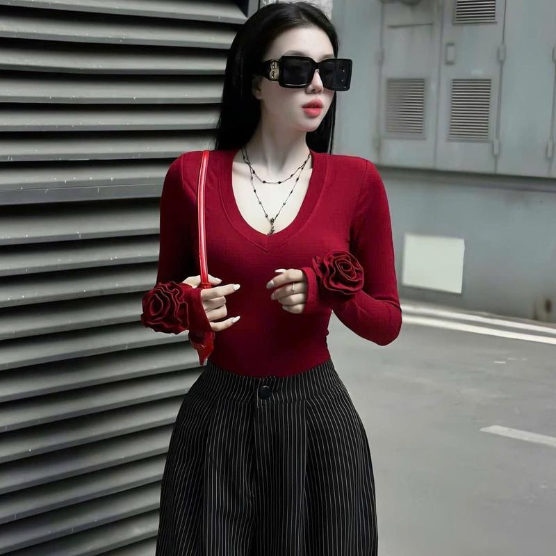 [Có size S đến XXL] ÁO THUN CỔ TIM TAY ĐÍNH HOA HỒNG- Áo thun nữ dáng babytee có thắt eo tôn dáng chất cotton QC xịn sang chảnh  Women NAH86