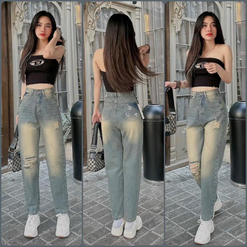 (S-XXL) Quần baggy jeans rách gối phối túi sau kiểu như hình, Chất Jean cotton mềm không giản Wash vàng bụi retro style Women Pants quần jean Bụi 3404