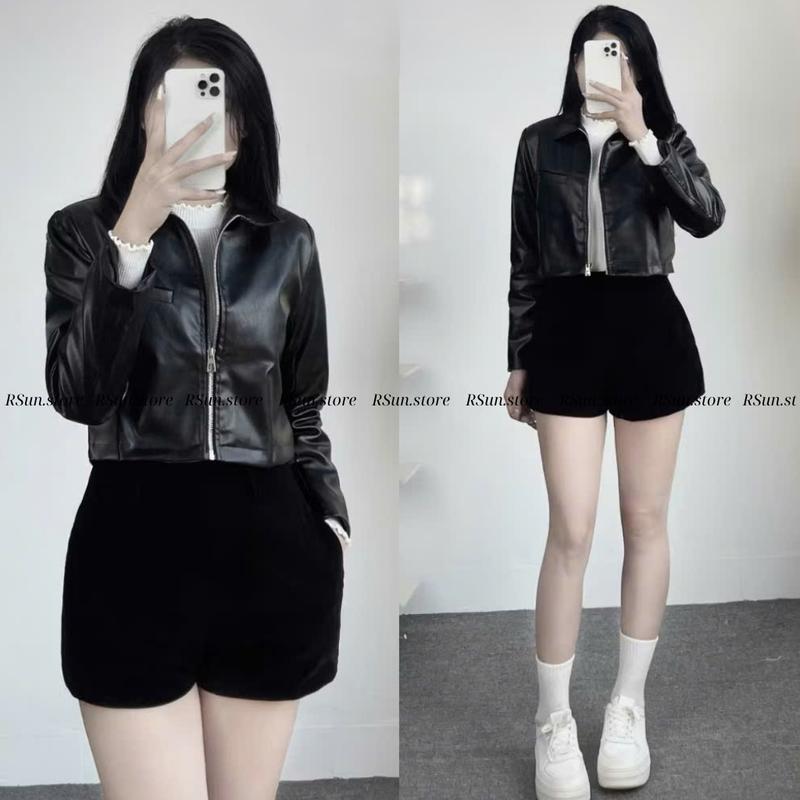 Áo khoác da dài tay 2 lớp dáng croptop bigsize RSun Áo khoác nữ khóa kéo chất da cao cấp 344