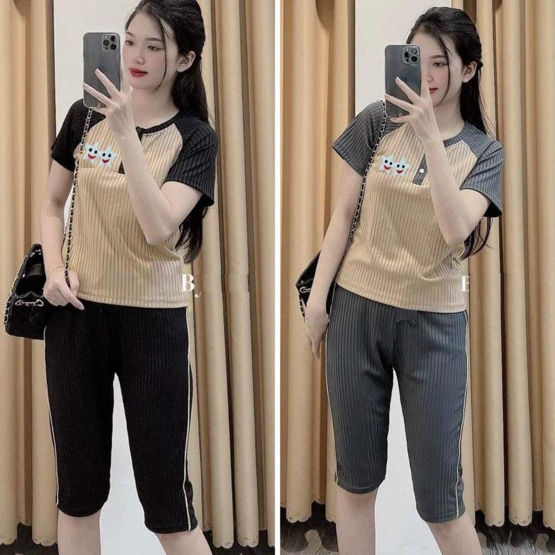 Set Đồ Bộ Nữ Lửng Ngố Mặc Nhà Thun Gân Co Giản 4 Chiều Áo Top Áo Top Women Polo Quần Đen