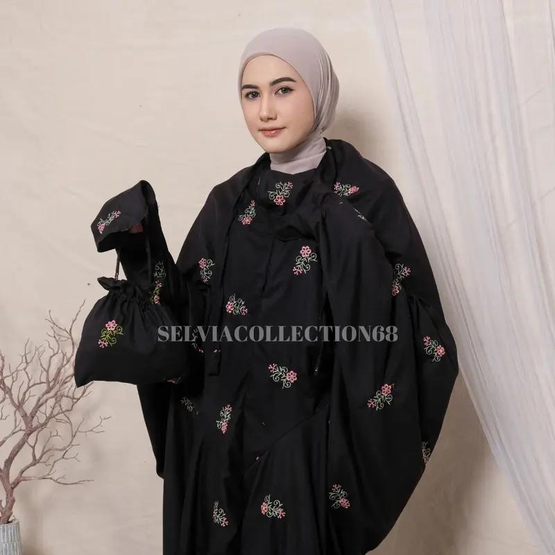 Mukena Terusan Dewasa Jumbo Bordir Bunga Melati 2in1 Katun Premium Panjang Cantik Lembut 1