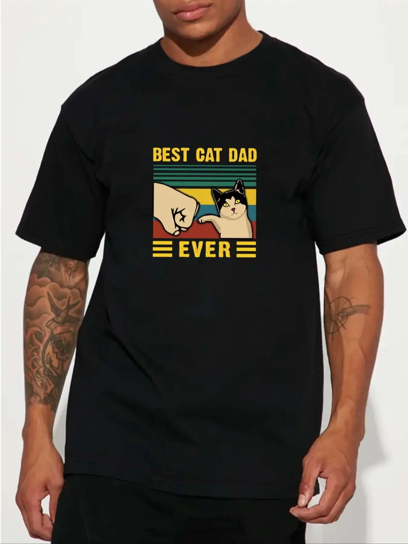 Men's Cartoon Cat & Letter Print Drop Shoulder Tee, Regular Fit Casual Comfy Short Sleeve Round Neck T-Shirt for Summer, Menswear for Daily Wear