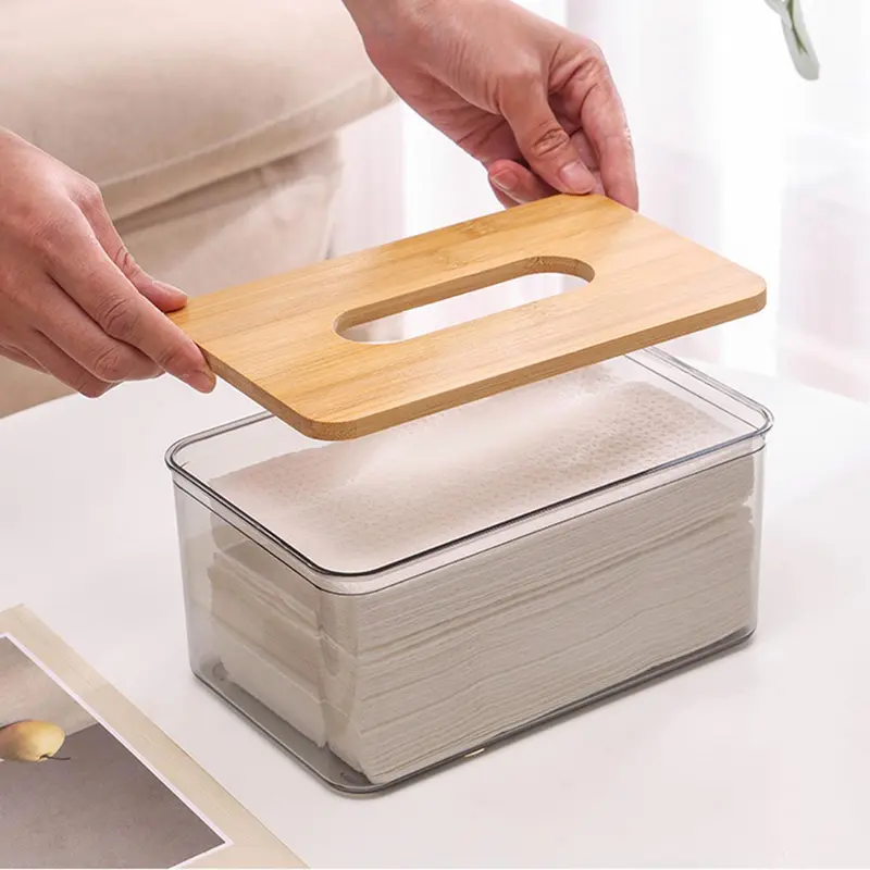 Clear Tissue Box with Wooden Lid, 1 Count Modern Simple Tissue Storage Box, Dustproof Tissue Holder, Home Organizer for Living Room Bedroom Office 7