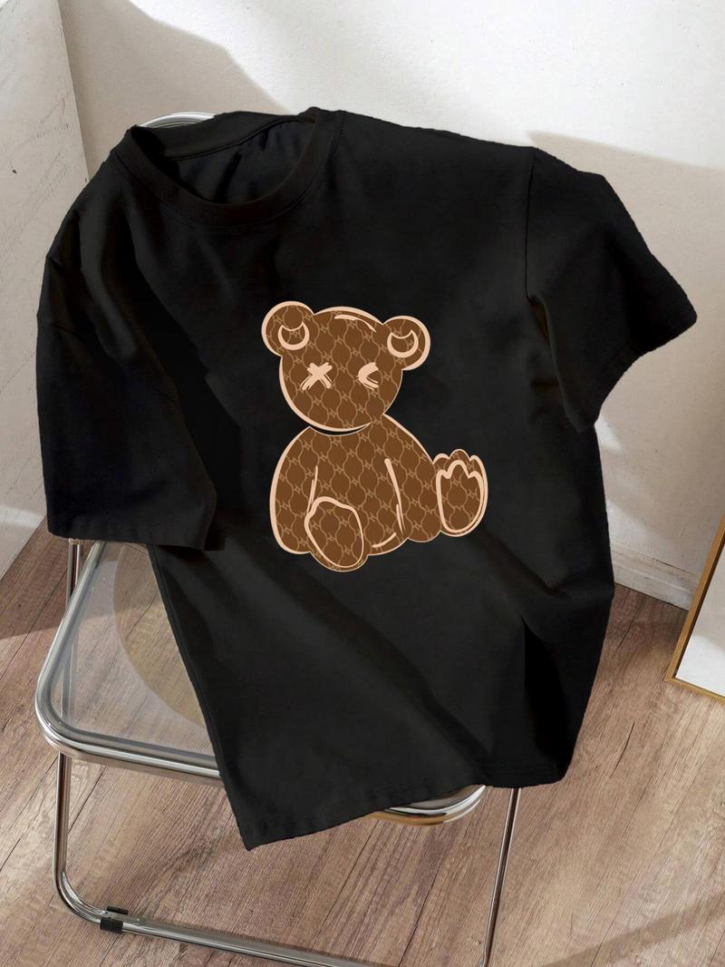 Product Introduction of Women's Cartoon Bear Print Round Neck Tee, Fashion Casual Short Sleeve T-shirt, Ladies Summer Clothes for Daily Wear 1
