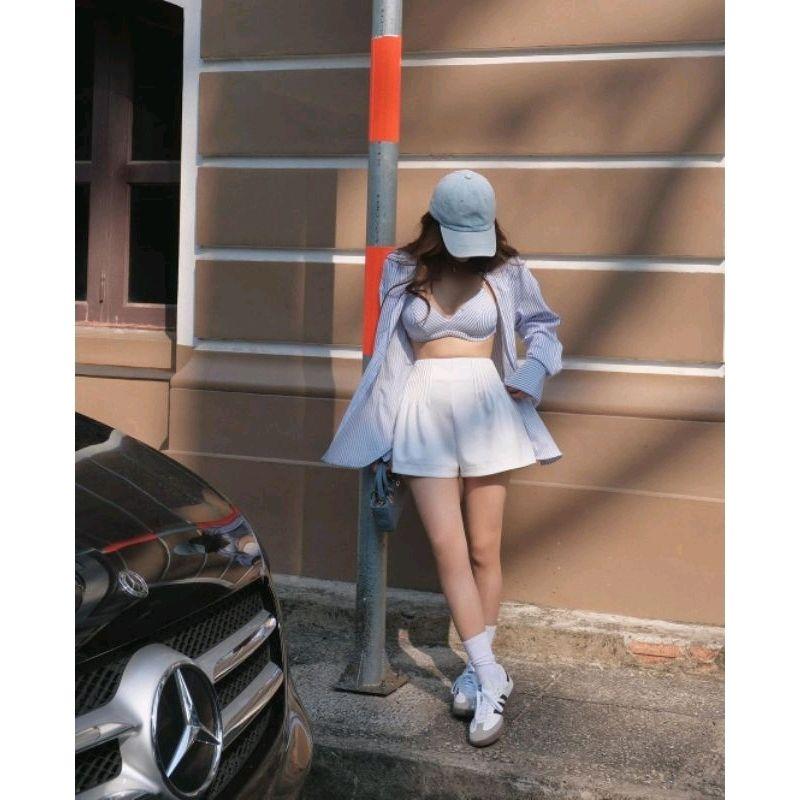 [Hình thật trải sàn]Set nữ 3 món áo sơmi xanh kẻ sọc tay dài mix bra kèm quần short xếp li đi chơi, đi biển V158 5