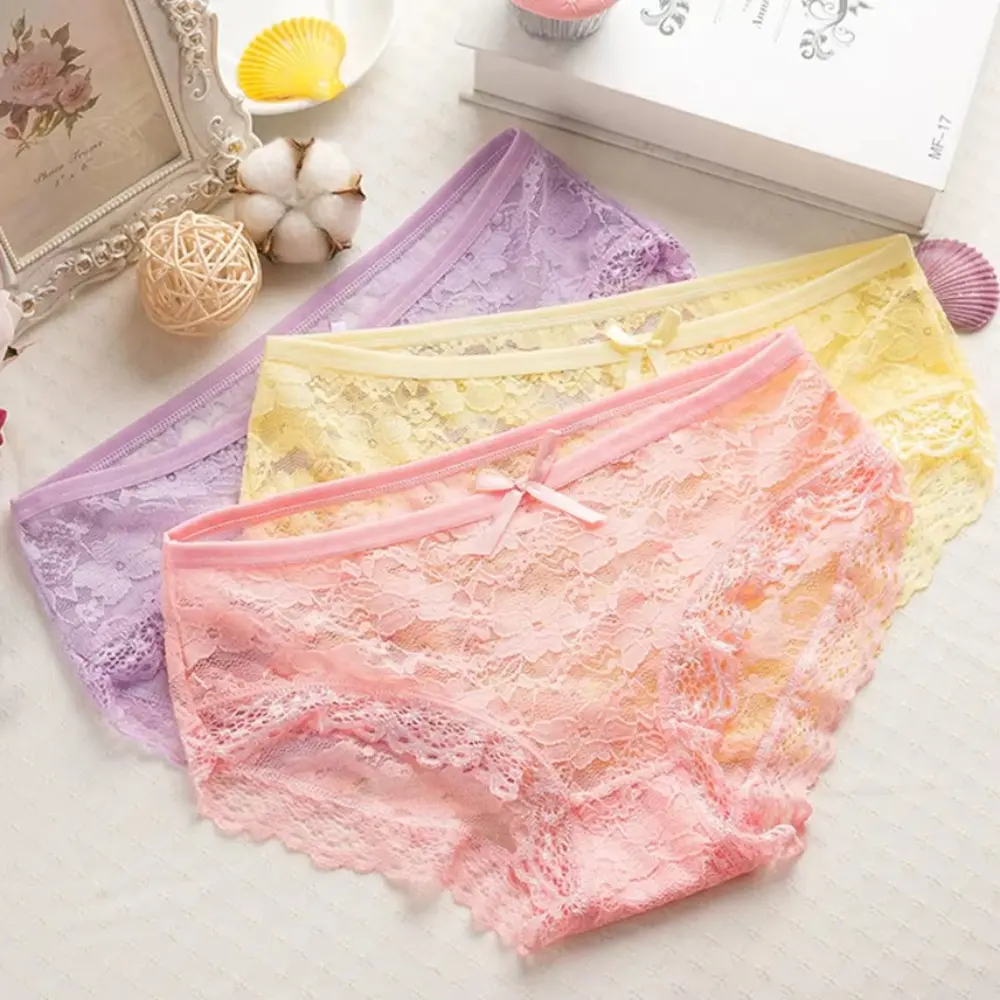 Women Lace Panties Floral Girly Briefs Breathable Underwear Lingerie Female Underpants Low Waist Cotton Panties Plus Size For Ladies