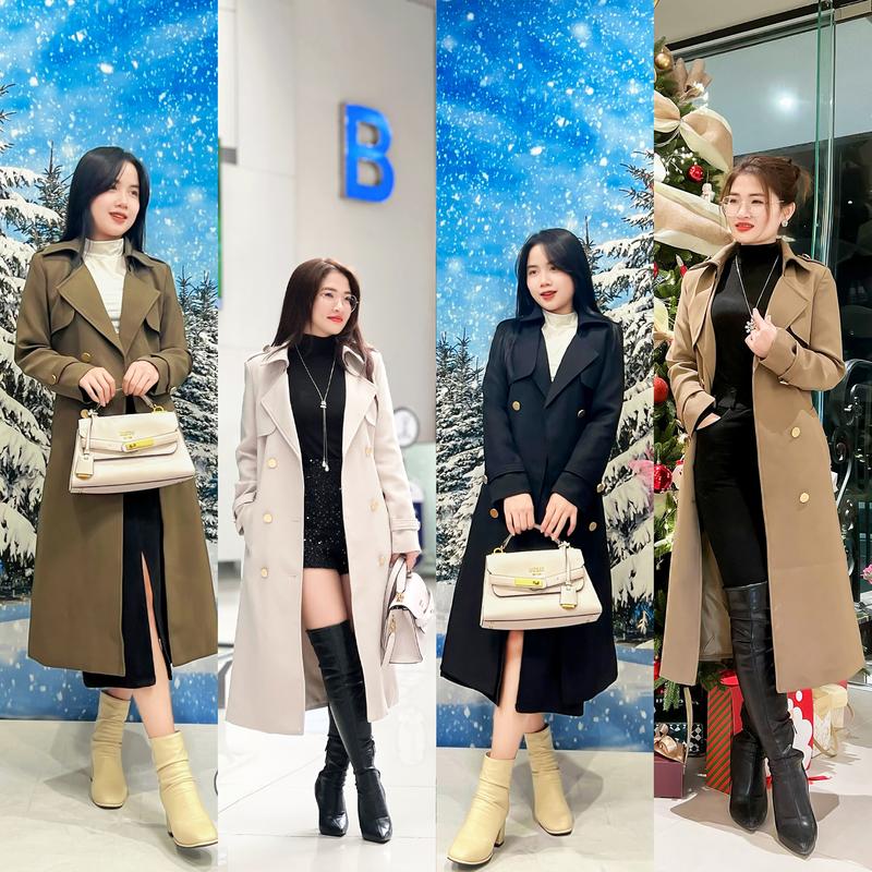 Áo khoác măng tô nữ kaki Hàn dáng dài qua gối cổ vest bẻ hai lớp dày dặn