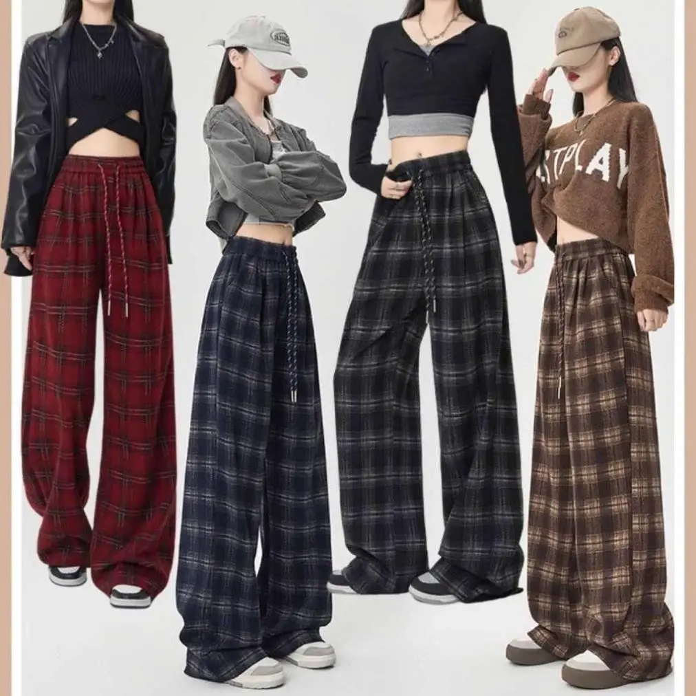 Quần Dạ Kẻ Caro Ống Rộng Dây Rút Quần Suông Form Rộng Phong Cách Ulzzang