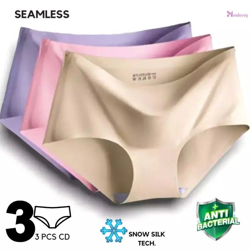 Monberry Celana Dalam Seamless Airism Wanita ISI 3 CDW1D CD Pakaian Dalam Halus Tanpa Jahitan Anti Nyeplak High Mid Waist Pinggang Tinggi Sedang Cewek Perempuan Girl Women Woman Dewasa Polos Ice Silk Breathable 0