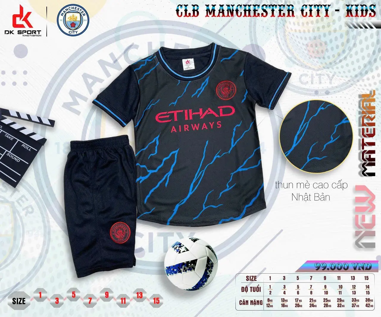 Bộ áo quần đá bóng  Manchester City đen- trẻ em- vải mè Nhật DK