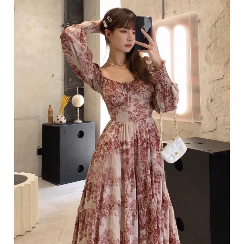D10279 Dress Midi Vintage Model Serut Tali Wanita 4