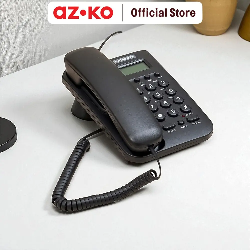 AZKO Krisbow Telepon Kabel Analog Basic - Hitam Analog Corded Phone Telepon Rumah Kabel Corded Phone Analog Telepon Kantor Kabel
