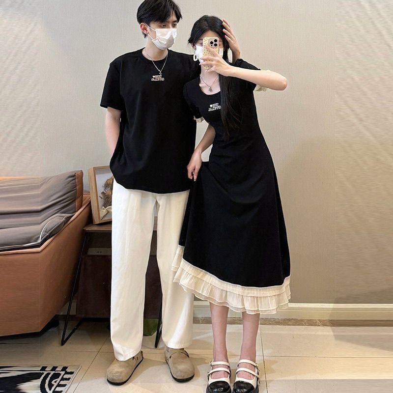 Trang Phục Cặp Đôi, Phong Cách Trung Quốc Mới, Phong Cách Dân Tộc, Trang Phục Mùa Hè, ngắn Tay Áo, Sườn Xám Đen, Cổ Áo Vuông, Phong Cách Cổ Điển Bộ Hai Mảnh Váy 0