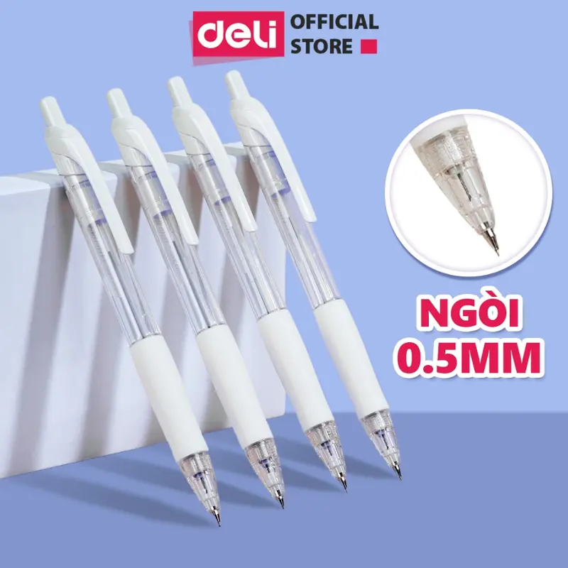 Bút chì kim ngòi 0.5mm màu trắng dễ thương cao cấp Deli phiên bản cải tiến có đầu tẩy cho học sinh văn phòng nhỏ gọn tiện lợi basic 0