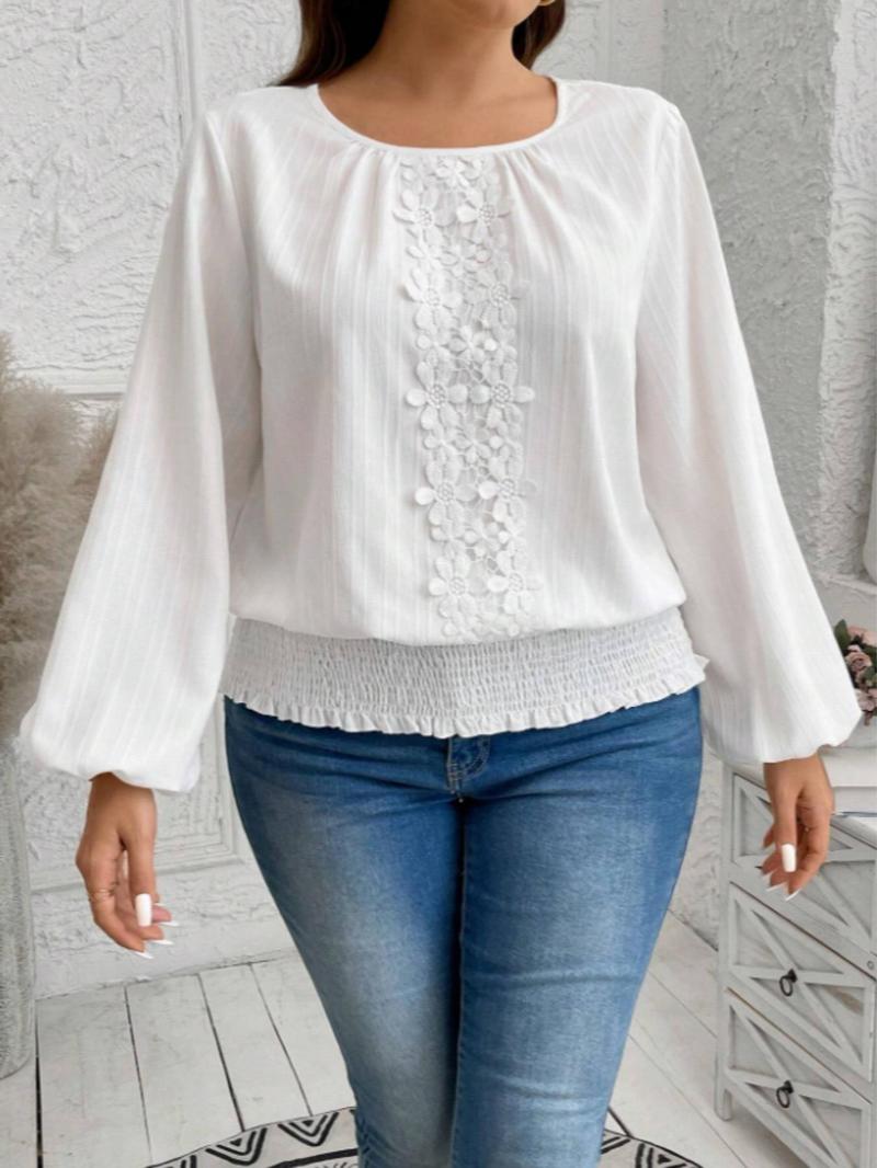 Product Introduction of 【Plus Size】 Floral Lace Trim Blouse, Casual Bishop Sleeve Round Neck Top for Summer, Women's Clothing for Daily Wear 5