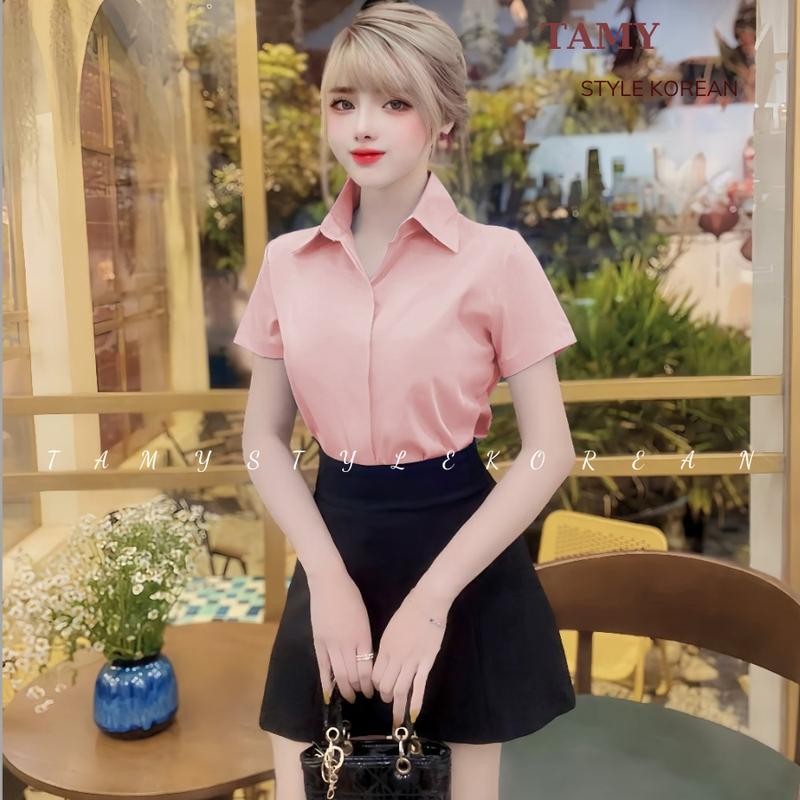 Áo sơ mi nữ trơn tay ngắn không nhăn nẹp đôi giấu nút form rộng - áo sơ mi nữ công sở chất lụa kate trẻ trung, năng động. 5