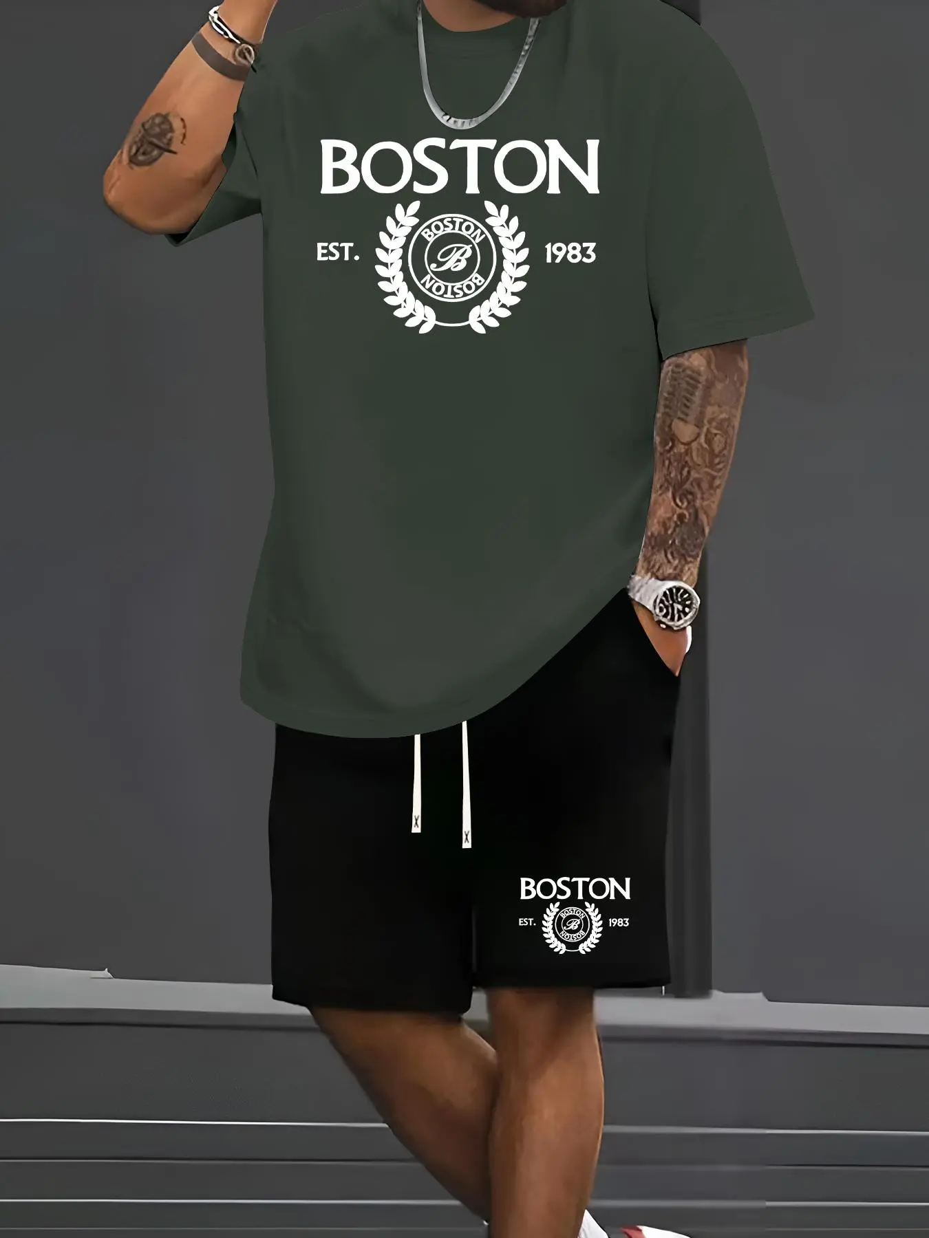 Men's Boston Print Short Sleeve Tee & Shorts Set, Regular Fit Casual Round Neck T-shirt & Shorts, Men's Summer Clothes